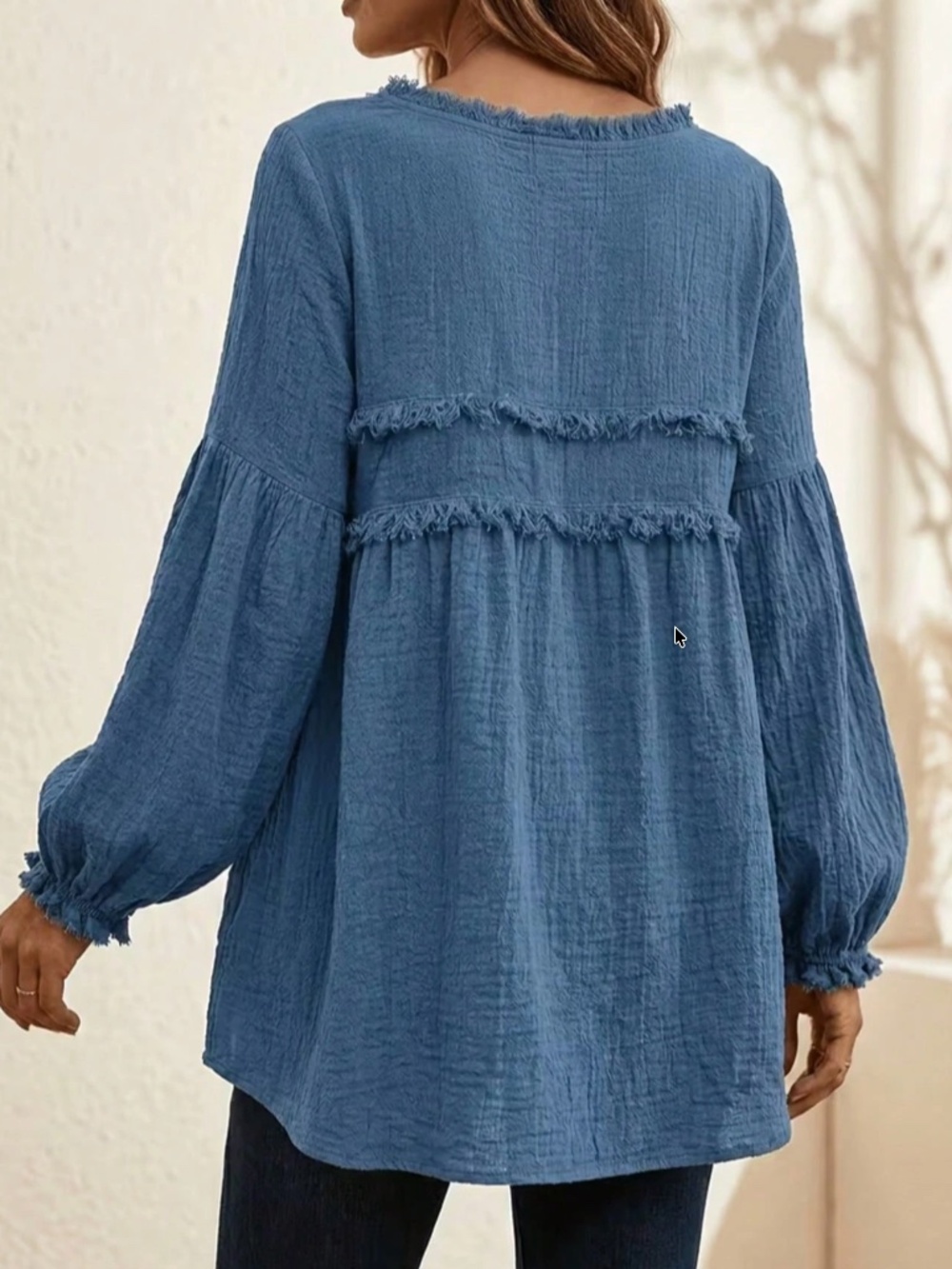 Solid Textured Round Neck Frayed Detail Long sleeve Top - Picture 3 of 12